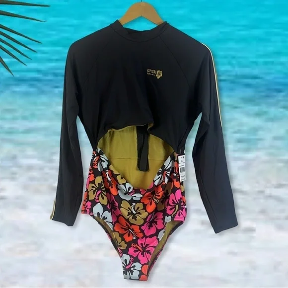 Rip Curl Hibiscus Heat  Long Sleeve Surfsuit Black Pink Orange Floral Size 2XL - Picture 4 of 12